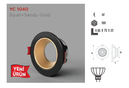 YCL Yücel YC 1005 Plastik Siyah + Sendy Gold Dekoratif Spot Kasası (Gu10 Duya Uygun)